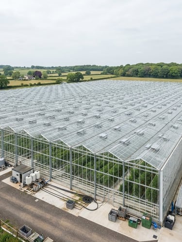 Wide panoramic view of a large commercial multi-span greenhouse structure in a rural landscape under bright overcast daylight, structural steel visible, right side bleeding to edge.