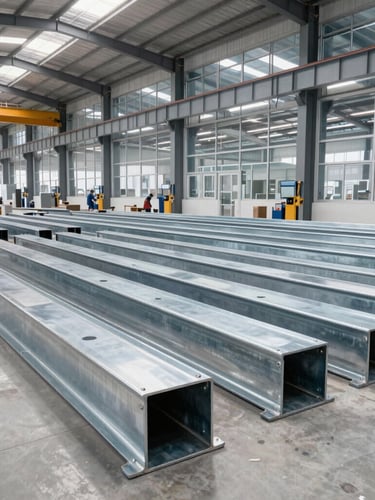 Wide-angle shot of a clean, modern steel fabrication facility, welders in the background, focus on heavy-gauge galvanized steel beams being processed, bright overcast daylight, industrial architectural photography
