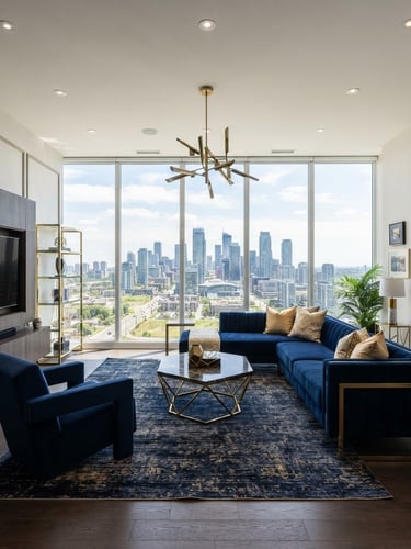 Wide-angle view of a luxurious, light-filled modern living room with geometric furniture and a view of Vaughan skyline, premium architectural photography, bright natural daylight.