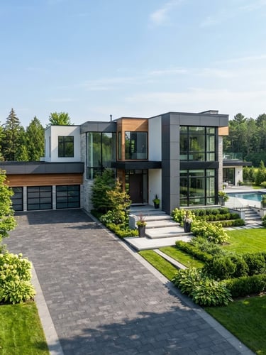 Modern luxury home exterior in Vaughan, clean lines, large windows, manicured landscaping, bright natural daylight, wide-angle lens, premium architectural photography