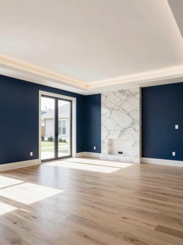 Wide-angle interior architectural shot of a modern luxury home in Vaughan, clean lines, natural light, premium materials like marble and oak visible.