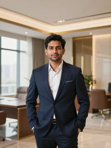 Professional portrait of Tanmay Rao, a confident and approachable real estate advisor, in a modern, well-lit office setting, looking directly at the camera. Soft, natural light.