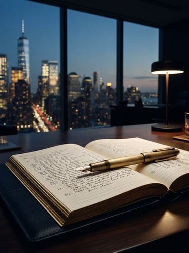 Wide panoramic view of a modern financial district at dusk, with a focus on a brushed gold fountain pen resting on a dark, high-quality ledger, low-key dramatic interior lighting, deep shadows and warm highlights.