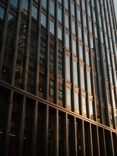 Wide architectural shot of a modern financial district building facade, focusing on geometric patterns of glass and steel, dramatic shadows and warm highlights from a low sun, editorial corporate photography, deep navy and warm gold tones.