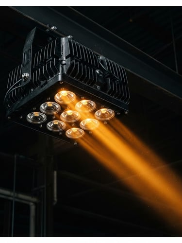 Macro product shot of a heavy-duty industrial LED high-bay fixture, focusing on the black anodized aluminum heat sink and precision optical lenses, dramatic amber directional light beam cutting through darkness, medium format