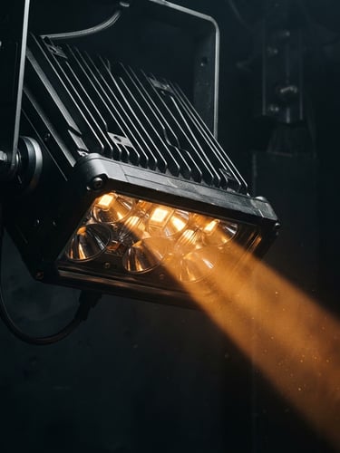 Close-up studio shot of a high-power industrial LED fixture, clear focus on aluminum heat sink fins and precision optical lenses, dramatic amber directional light beam cutting through dark atmosphere, medium format.