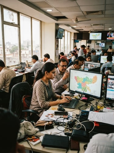 A busy local newsroom in Ranchi with journalists working at desks, large monitors showing maps of Jharkhand, natural window light, editorial photojournalism style