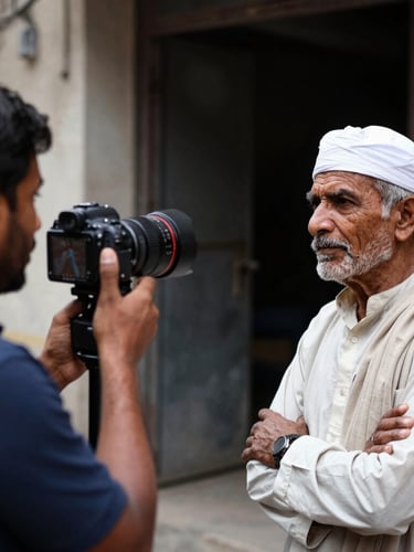 A sharp, high-contrast documentary photo of a local journalist interviewing a resident near Albert Ekka Chowk, natural daylight, 35mm lens.