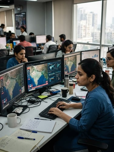 A sharp documentary-style photograph of a modern digital newsroom in India, journalists working at desks with monitors showing local news maps, natural window light, high contrast