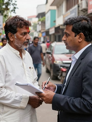 A professional Indian journalist holding a notepad, interviewing a local resident on a busy Ranchi street, editorial photojournalism, natural lighting