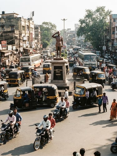 Editorial photojournalism of Albert Ekka Chowk in Ranchi during morning hours, local traffic moving, high contrast, natural daylight