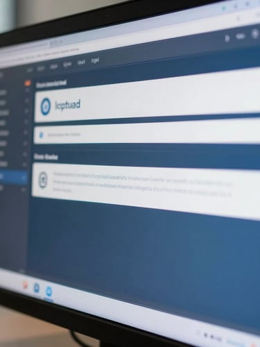 Macro shot of a secure, encrypted digital interface on a modern monitor, reflecting crisp office lighting, deep blue and cool white tones.