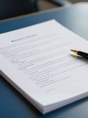 Macro detail of a pristine, open legal document on a polished desk, precise typography, a gold pen resting beside it, sharp architectural office lighting, deep blue and cool white tones.