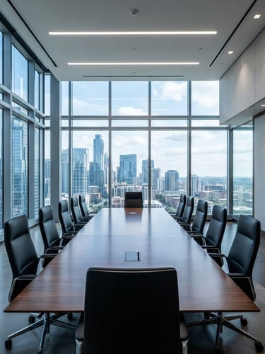 Wide shot of a modern, empty corporate boardroom with sharp architectural lines, cool-toned daylight streaming through large windows, a single polished conference table, pristine, high-contrast corporate photography.