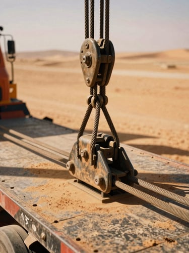 Close-up of heavy-duty industrial rigging and steel cables securing cargo on a transport flatbed, harsh desert sun, high-contrast shadows, warm ochre dust in the air, 35mm film.