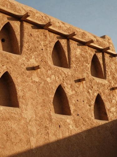 Close-up of traditional Najdi mudbrick architecture showing geometric triangular cutouts, warm clay textures, casting deep shadows in the harsh afternoon sun, architectural detail, 35mm film.