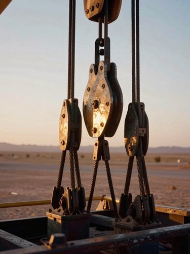 Close-up of heavy industrial rigging and steel cables on a transport vehicle, warm golden-hour light reflecting off metal surfaces, desert background, 35mm film.