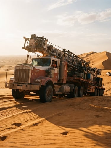 Low-angle heroic shot of a heavy-duty transport truck carrying industrial rigging across the golden sand dunes of Saudi Arabia, harsh desert sun casting sharp geometric shadows, warm clay and ochre tones, 35mm film.