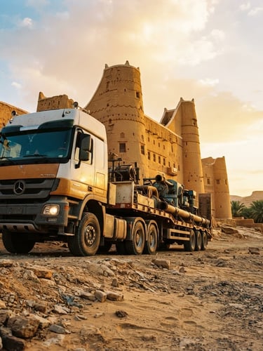 Low-angle heroic shot of an industrial transport fleet truck beside the historic clay towers of Diriyah, warm golden hour light, rich ochre and sand tones, 35mm film.