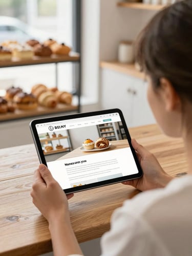 Over-the-shoulder shot of a small business owner in a bright, modern bakery, looking at a clean website layout on a tablet. Natural morning light.
