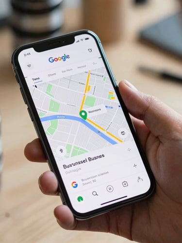 Close-up of a smartphone displaying a localized Google Maps business profile with high-key natural daylight, held by a professional in a workshop.