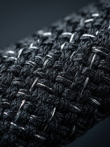 Crisp industrial studio photography, macro lens showing high-density black elastic weave with integrated conductive yarn, sharp cool lighting, 35mm