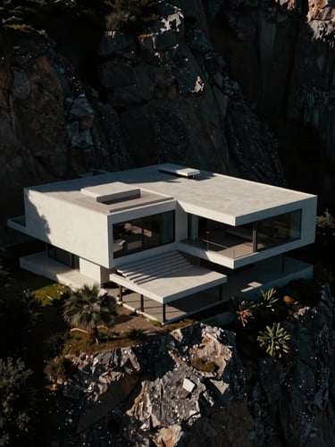 Cinematic low-angle drone perspective of a minimalist luxury villa overlooking cliffs, high-contrast chiaroscuro lighting, sharp architectural lines, deep shadows.