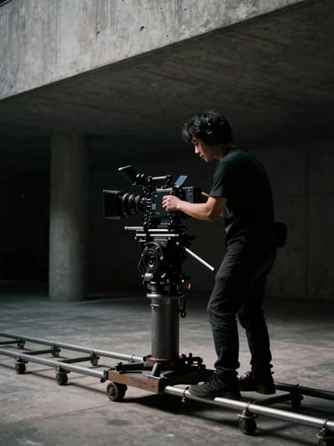 Extreme wide cinematic shot, high-contrast low-key lighting, a camera operator adjusting a high-end cinema lens on a dolly track inside a modern concrete architectural space, deep shadows, 35mm film.