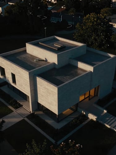 Low-angle drone perspective showing geometric symmetry of a brutalist luxury villa at twilight, high-contrast chiaroscuro, deep shadows, cinematic film photography.