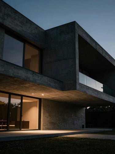 Extreme wide cinematic shot of a modern architectural concrete villa at twilight, low-angle perspective, dramatic chiaroscuro lighting, anamorphic lens feel