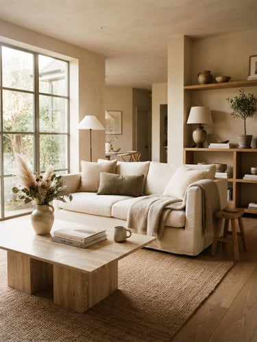 Warm editorial interior photography, soft morning window light, elegant minimalist living room with a travertine coffee table, neutral linen sofa, 35mm
