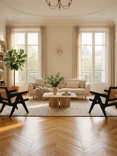 Architectural straight-on shot of a bright Parisian apartment living room, sunlit herringbone parquet floors, minimalist luxury furniture, soft morning golden-hour light streaming through tall windows, 35mm