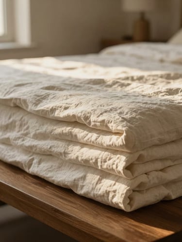 Tactile close-up of crisp, neatly folded organic linen sheets resting on a dark oak bench, soft golden-hour light, warm editorial interior photography, 35mm