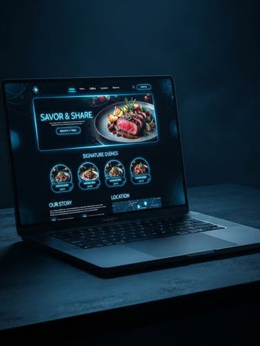 Sleek dark-studio shot of a laptop displaying a polished local restaurant website, screen glowing with electric blue UI highlights, angled slightly left on a dark matte surface, tight editorial framing, high-contrast modern tones