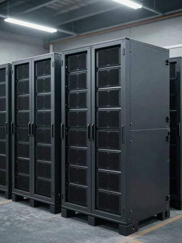 Industrial environmental shot of organized pallets of server racks in a secure warehouse facility under cool fluorescent lighting, desaturated slate and metallic tones, sharp focus, 35mm