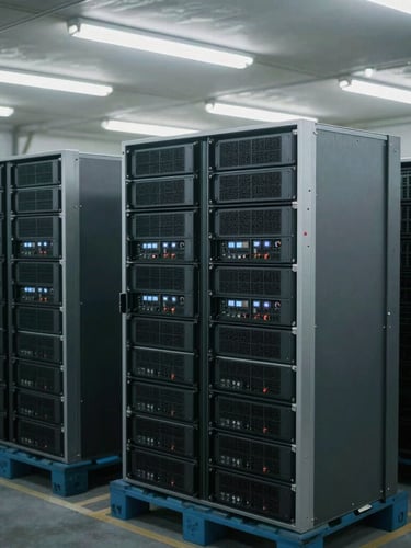 Industrial processing facility with organized pallets of server racks under cool fluorescent lighting, desaturated metallic tones, sharp focus, 35mm