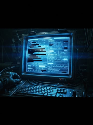 Wide panoramic view of a high-contrast terminal screen displaying complex, heavily redacted data, with harsh blue terminal glow and deep shadows, viewed through a 35mm anamorphic lens, tactical aesthetic.