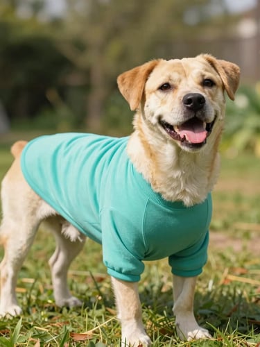 A happy, relaxed dog wearing a soft custom-fit teal shirt, playing in a sunny garden, warm lifestyle photography, bright natural daylight, vibrant joyful tones, shallow depth of field, eye-level pet portrait, 35mm