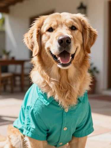 Eye-level portrait of a happy golden retriever wearing a vibrant teal summer shirt, sitting in a sunlit Mexican patio, warm natural light, shallow depth of field, 35mm