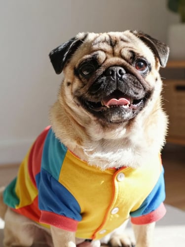A warm eye-level portrait of a happy, chubby pug wearing a perfectly fitted colorful handmade shirt, soft natural daylight, cozy home background, 35mm