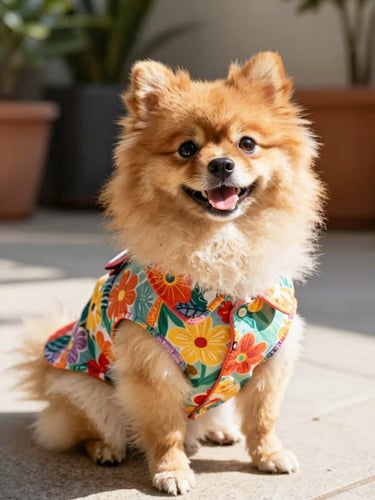 A happy fluffy Pomeranian wearing a colorful handmade floral shirt, sitting in bright warm sunlight on a patio, eye-level shot, 35mm portrait