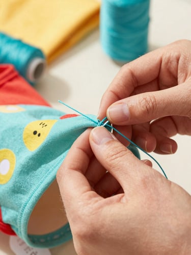 Close-up of hands carefully sewing a tiny colorful pet shirt with bright teal thread, fabrics scattered around, warm lifestyle photography, bright natural daylight, shallow depth of field, 35mm