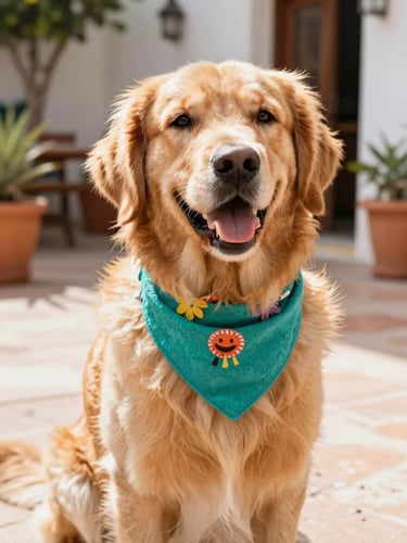 A happy fluffy golden retriever wearing a colorful handcrafted teal bandana, sitting in a sunny Mexican patio, warm lifestyle photography, bright natural daylight, vibrant joyful tones, shallow depth of field, eye-level pet portrait, 35mm