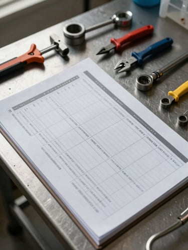 Close overhead shot of a systematically laid-out cleaning protocol binder open on a metal table beside precisely arranged industrial tools, cool north-facing daylight from upper left, all items squared to grid lines, no hands visible