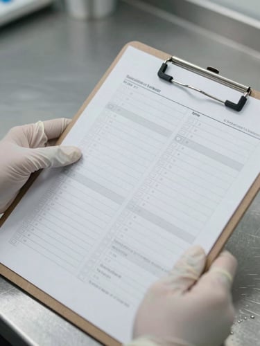 Close-up of hands in nitrile gloves holding a printed checklist attached to a clipboard, systematic columns of checkboxes partially filled, cool overhead lighting on a stainless steel work surface, documentation sheet sharp and legible in foreground