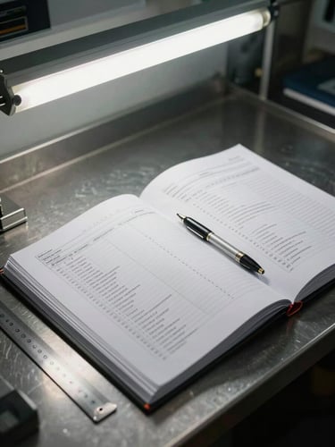 Wide-angle view of a structured protocol binder open on a steel workbench, annotated pages with tables and task sequences visible, a ruler and pen positioned precisely beside the document, cool overhead fluorescent light, systematic and orderly composition