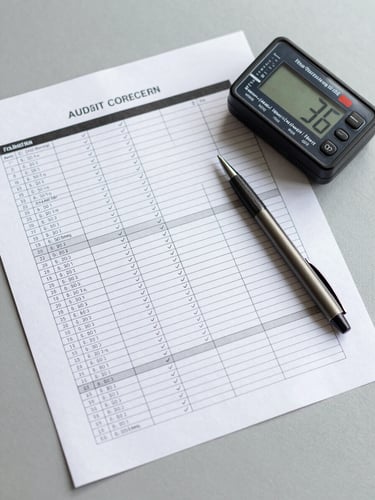 Overhead view of an audit checklist with measurement readings filled in, a digital meter and a pen resting beside the document on a clean grey surface, structured table rows partially ticked, cool north-facing daylight, precise and methodical composition