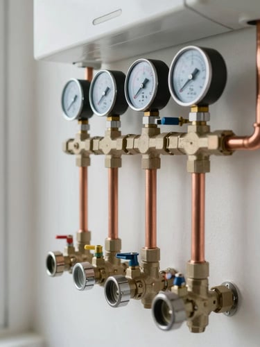 Clean and precise copper pipe installation on a utility room wall, neatly arranged valves and pressure meters, bright natural indoor light, authentic editorial photography