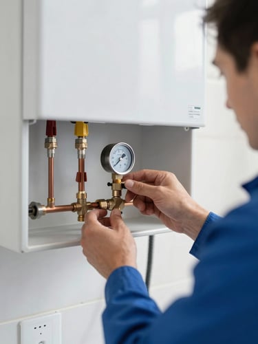 Professional technician calibrating a modern combi boiler in a bright Malatya utility room, close-up on copper pipes and pressure gauge, clear natural lighting, 35mm