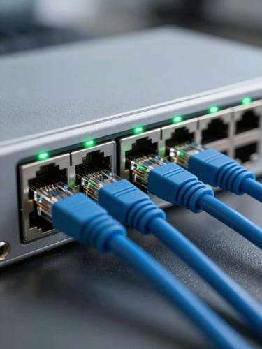 Straight-on technical macro shot of a network switch with clean blue ethernet cables and blinking green LEDs, cool clean office lighting.